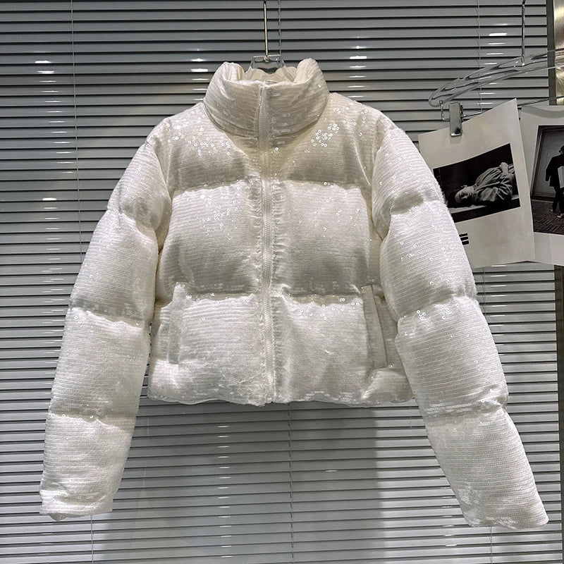 DEAT 2025 Winter New Trendy Shiny Sequin Fabric Stand Collar Warm Jacket For Women High Waist Cotton-padded Coat Female 11A07257