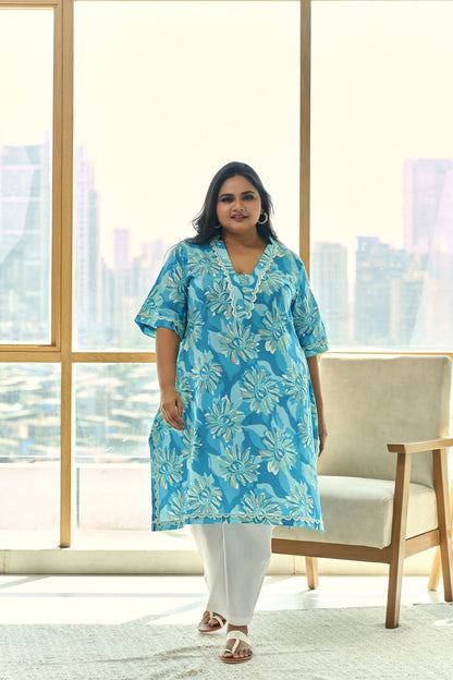 Ocean Blue Floral Cotton Kurta – Summer Prefect(only kurta)