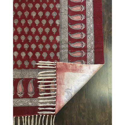 Traditional Paisley Jaal & Border Hand-block Print Rug - Red White