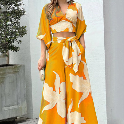 Fashionable Casual Top And High-waisted Wide-leg Pants Set