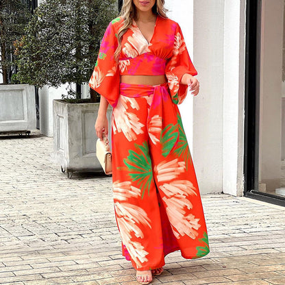 Fashionable Casual Top And High-waisted Wide-leg Pants Set