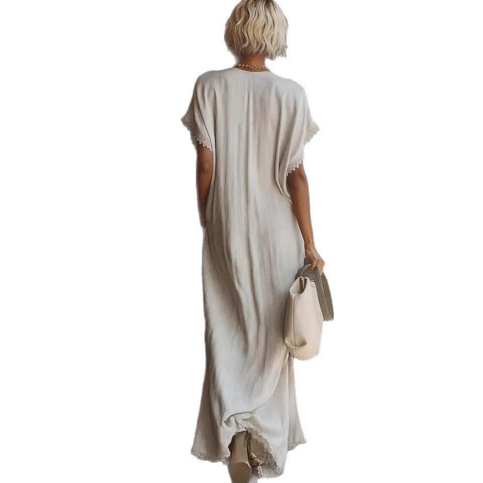 European And American Style Casual Elegant Comfortable Lace-trimmed Loose Linen Cotton Long Dress