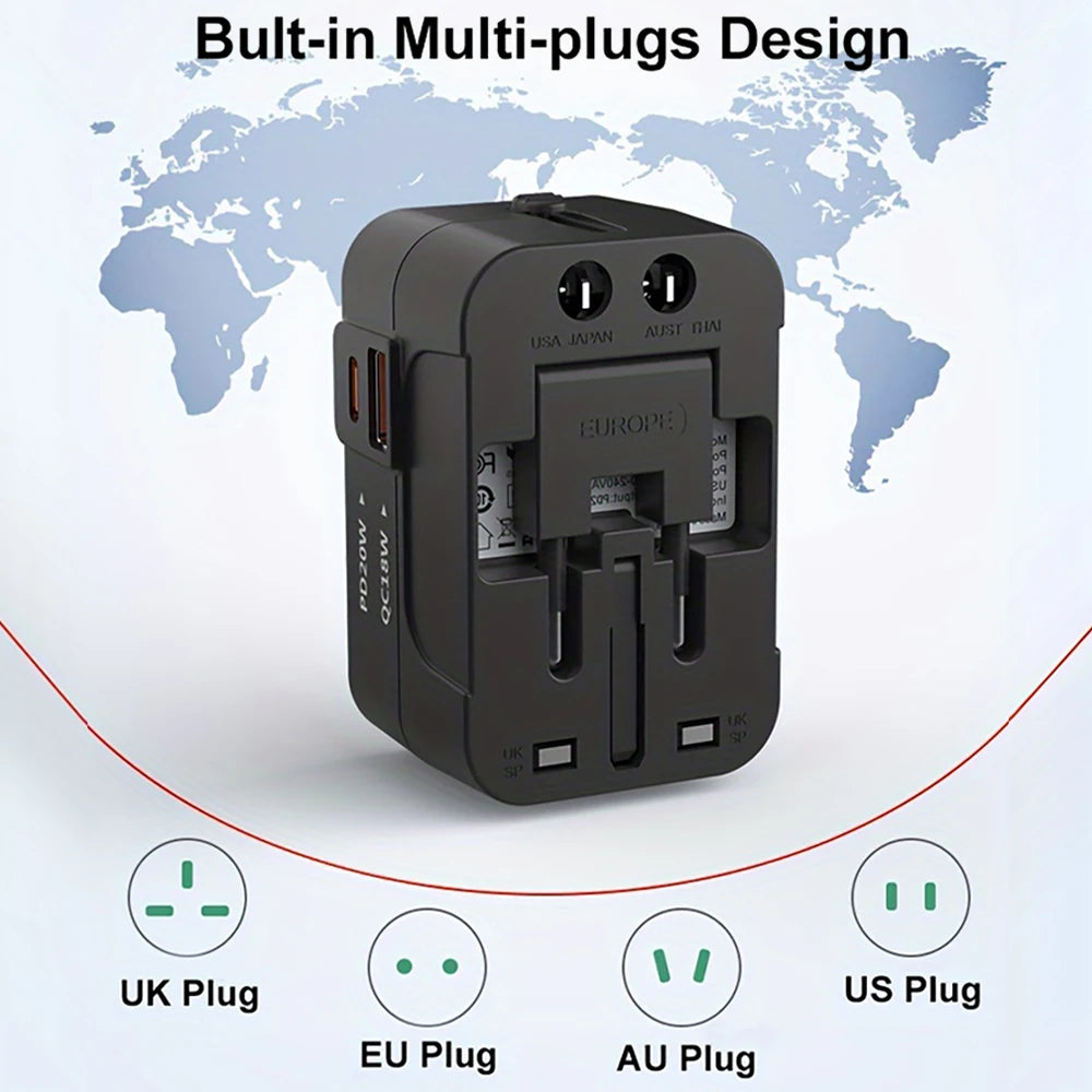 Universal Travel Adapter 1 USB+1 Type-C Charger Wall Charger AC Power Adapter USA EU UK AUS Converter Adapter USB Charger