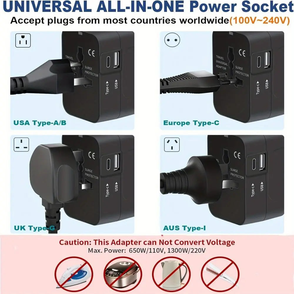 Universal Travel Adapter 1 USB+1 Type-C Charger Wall Charger AC Power Adapter USA EU UK AUS Converter Adapter USB Charger