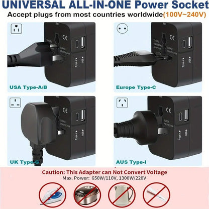 Universal Travel Adapter 1 USB+1 Type-C Charger Wall Charger AC Power Adapter USA EU UK AUS Converter Adapter USB Charger