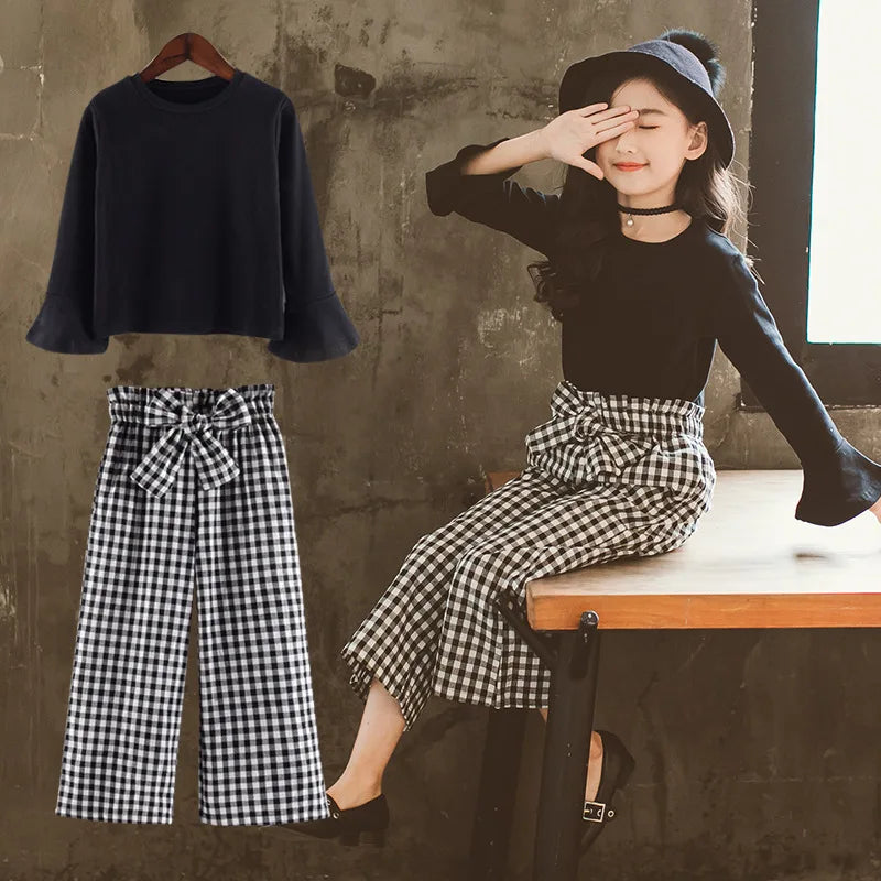 Kids Girls Clothing Sets 2026 Autumn Long Sleeve T-shirts + Plaid Wide Leg Pants 2PCS Children's Clothes Teen 6 8 10 12 14 Years