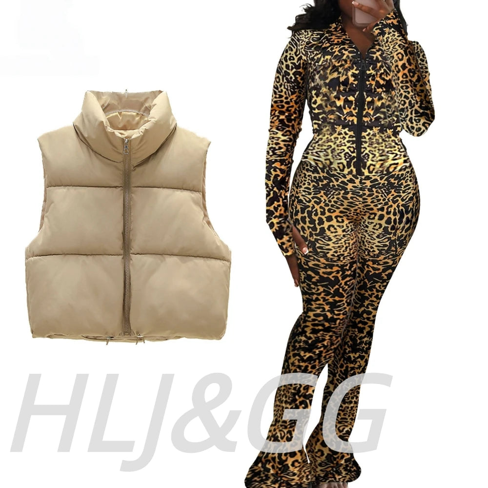 HLJ&GG Winter New Puffer Vest 3 Piece Sets Women Zipper Long Sleeve Top+Cotton Jacket+Legging Pants Outfits Casual Tracksuits BR