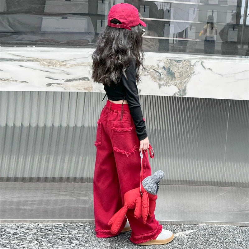 Girls Jeans Spring Autumn Loose Wide Leg Pants for Kids Casual All-match Teenage School Children Trousers 10 12 13 kids clothes