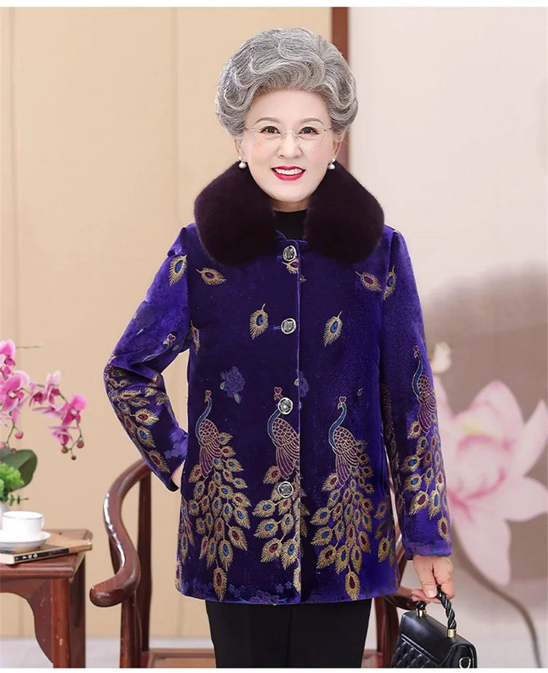 Embroid Winter Clothes Mid-Long Thick Cotton Clothes Women's Cotton-Padded Jacket Grandmother's Golden Velvet Fur Collar Parka