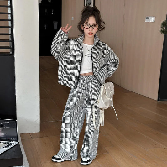 Teen Girls Sets 2025 New Children Spring Fashion Suit Kids  Striped Jackets+Loose Sports Pants 2 Pcs Outfits New Clothing Set
