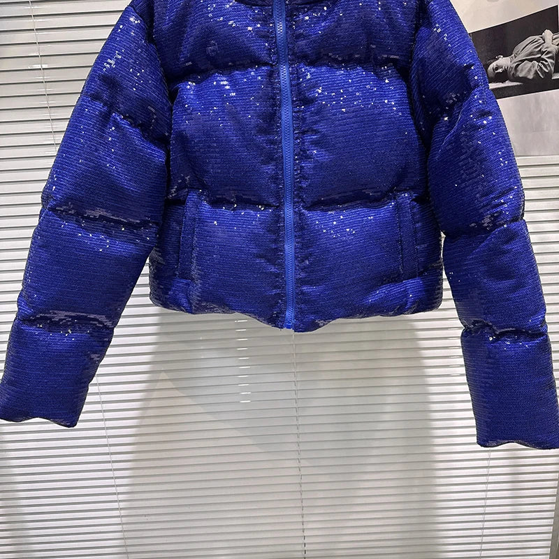 DEAT 2025 Winter New Trendy Shiny Sequin Fabric Stand Collar Warm Jacket For Women High Waist Cotton-padded Coat Female 11A07257