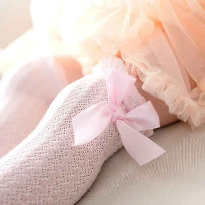 Cute Big Bowknot Newborn Baby Socks Outdoor Mosquito Proof Mesh Baby Girl Boys Socks Solid Color Infant Toddler Knee High Socks