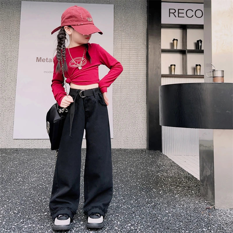 Girls Jeans Spring Autumn Loose Wide Leg Pants for Kids Casual All-match Teenage School Children Trousers 10 12 13 kids clothes