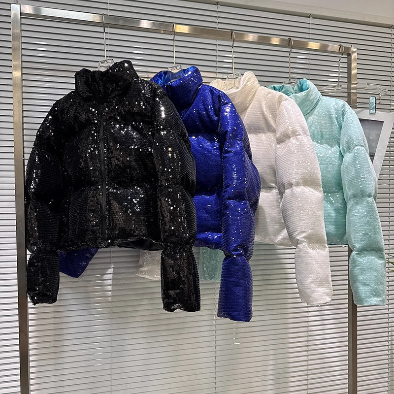 DEAT 2025 Winter New Trendy Shiny Sequin Fabric Stand Collar Warm Jacket For Women High Waist Cotton-padded Coat Female 11A07257