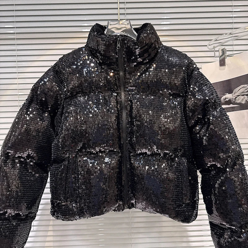 DEAT 2025 Winter New Trendy Shiny Sequin Fabric Stand Collar Warm Jacket For Women High Waist Cotton-padded Coat Female 11A07257