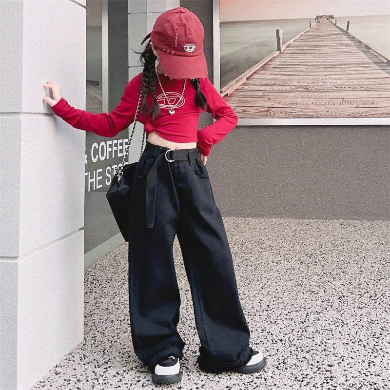 Girls Jeans Spring Autumn Loose Wide Leg Pants for Kids Casual All-match Teenage School Children Trousers 10 12 13 kids clothes