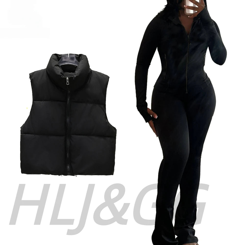 HLJ&GG Winter New Puffer Vest 3 Piece Sets Women Zipper Long Sleeve Top+Cotton Jacket+Legging Pants Outfits Casual Tracksuits BR