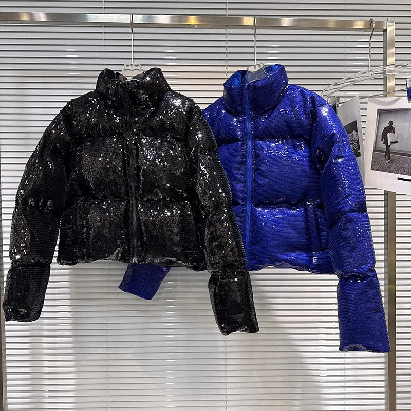 DEAT 2025 Winter New Trendy Shiny Sequin Fabric Stand Collar Warm Jacket For Women High Waist Cotton-padded Coat Female 11A07257