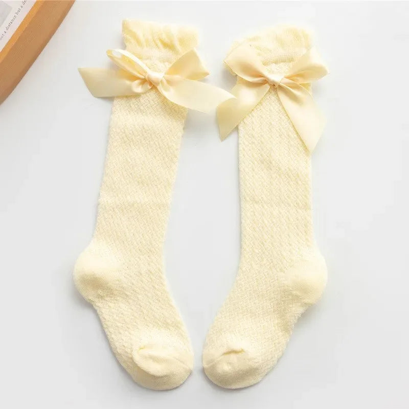 Cute Big Bowknot Newborn Baby Socks Outdoor Mosquito Proof Mesh Baby Girl Boys Socks Solid Color Infant Toddler Knee High Socks