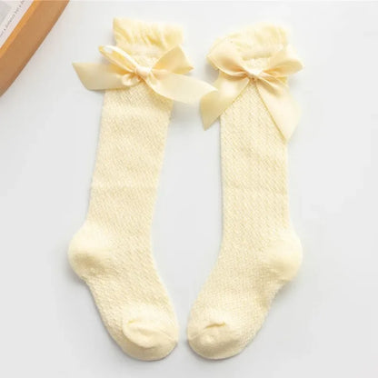 Cute Big Bowknot Newborn Baby Socks Outdoor Mosquito Proof Mesh Baby Girl Boys Socks Solid Color Infant Toddler Knee High Socks