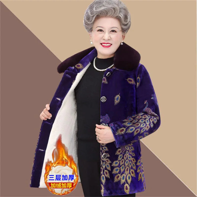 Embroid Winter Clothes Mid-Long Thick Cotton Clothes Women's Cotton-Padded Jacket Grandmother's Golden Velvet Fur Collar Parka