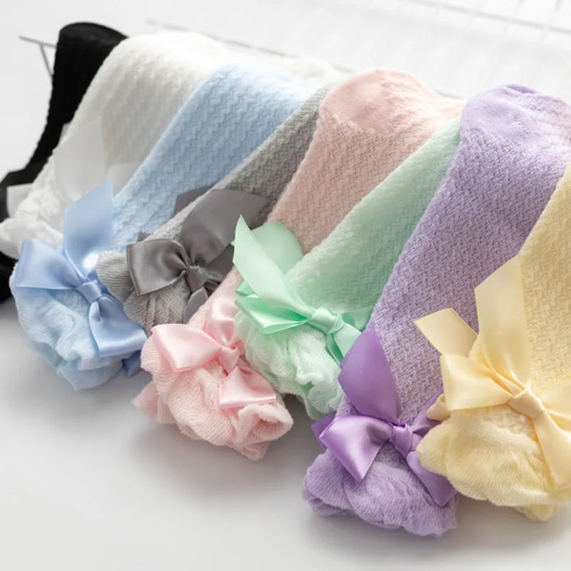 Cute Big Bowknot Newborn Baby Socks Outdoor Mosquito Proof Mesh Baby Girl Boys Socks Solid Color Infant Toddler Knee High Socks