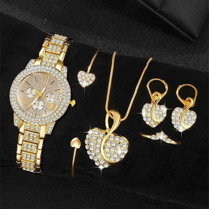 6PCS/Set Luxury Rhinestone Women Watches Fashion Roma Dial Quartz Wristwatch Jewelry Set Reloj Mujer Girls Clock Gift