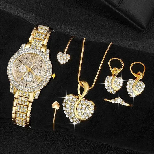 6PCS/Set Luxury Rhinestone Women Watches Fashion Roma Dial Quartz Wristwatch Jewelry Set Reloj Mujer Girls Clock Gift