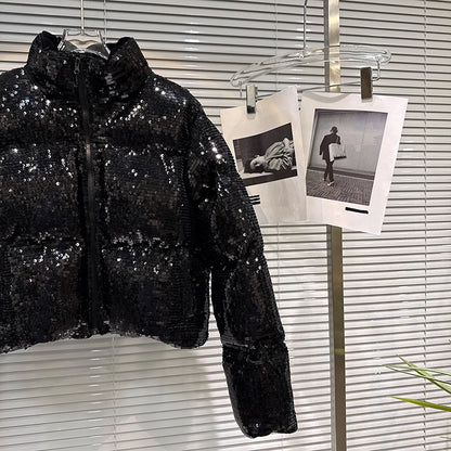 DEAT 2025 Winter New Trendy Shiny Sequin Fabric Stand Collar Warm Jacket For Women High Waist Cotton-padded Coat Female 11A07257