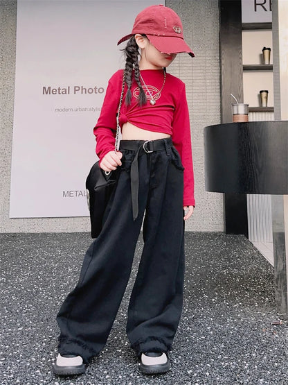 Girls Jeans Spring Autumn Loose Wide Leg Pants for Kids Casual All-match Teenage School Children Trousers 10 12 13 kids clothes