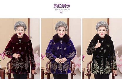 Embroid Winter Clothes Mid-Long Thick Cotton Clothes Women's Cotton-Padded Jacket Grandmother's Golden Velvet Fur Collar Parka