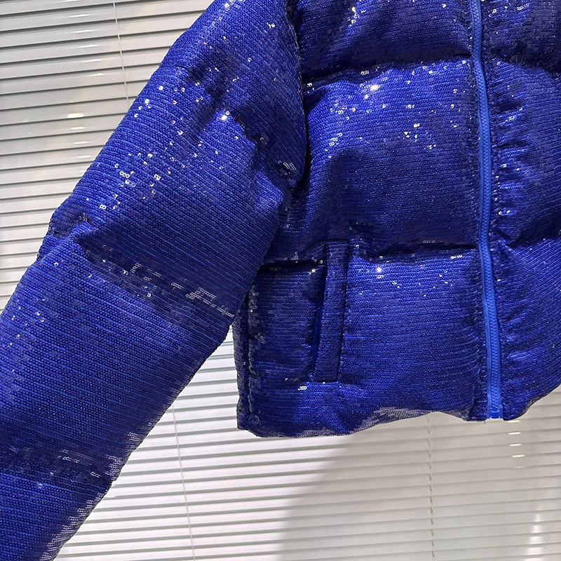 DEAT 2025 Winter New Trendy Shiny Sequin Fabric Stand Collar Warm Jacket For Women High Waist Cotton-padded Coat Female 11A07257