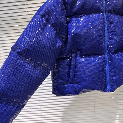 DEAT 2025 Winter New Trendy Shiny Sequin Fabric Stand Collar Warm Jacket For Women High Waist Cotton-padded Coat Female 11A07257