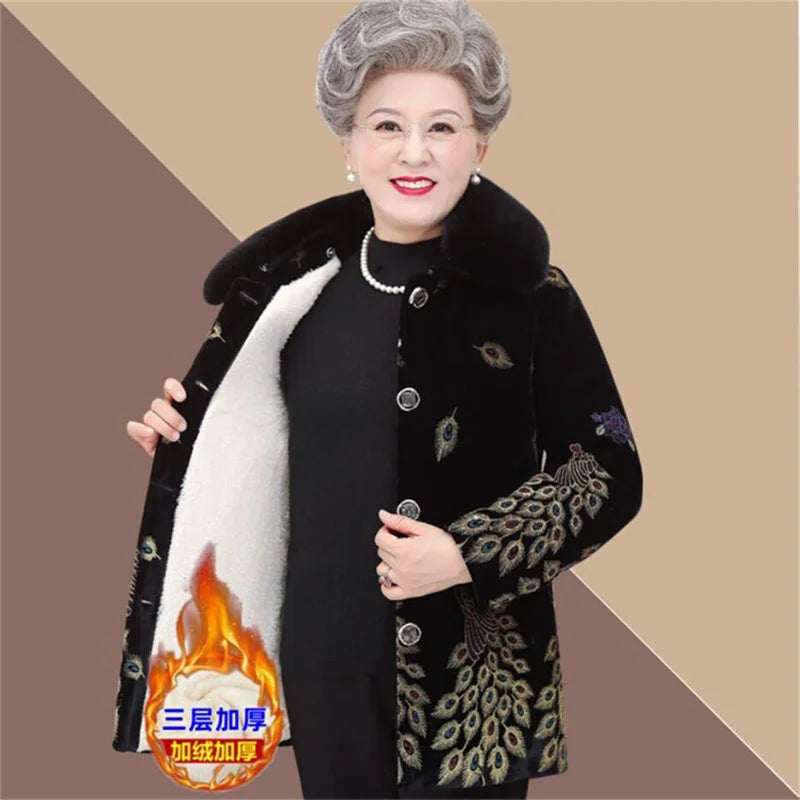 Embroid Winter Clothes Mid-Long Thick Cotton Clothes Women's Cotton-Padded Jacket Grandmother's Golden Velvet Fur Collar Parka
