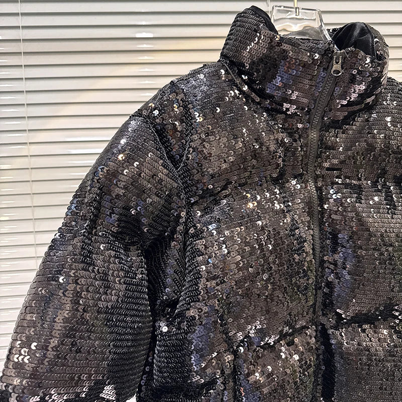 DEAT 2025 Winter New Trendy Shiny Sequin Fabric Stand Collar Warm Jacket For Women High Waist Cotton-padded Coat Female 11A07257