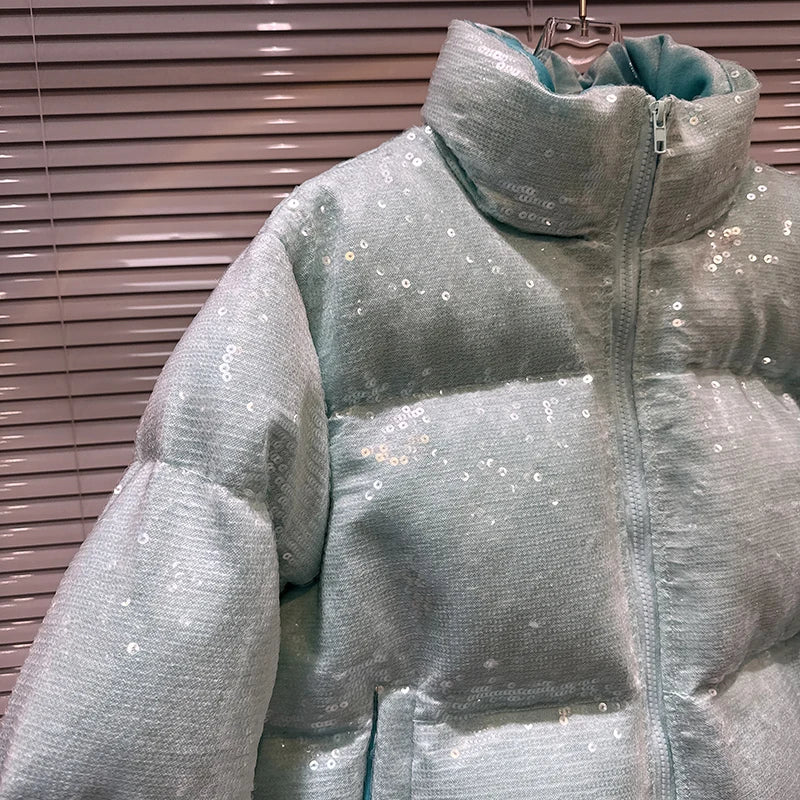 DEAT 2025 Winter New Trendy Shiny Sequin Fabric Stand Collar Warm Jacket For Women High Waist Cotton-padded Coat Female 11A07257