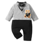 IURNXB Infant Cartoon Bear Romper Long Sleeve Baby Boy Gentleman Plaid Jumpsuit Onesie Newborn Color Block Outfit 1-18M