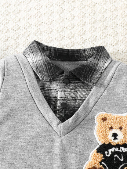 IURNXB Infant Cartoon Bear Romper Long Sleeve Baby Boy Gentleman Plaid Jumpsuit Onesie Newborn Color Block Outfit 1-18M