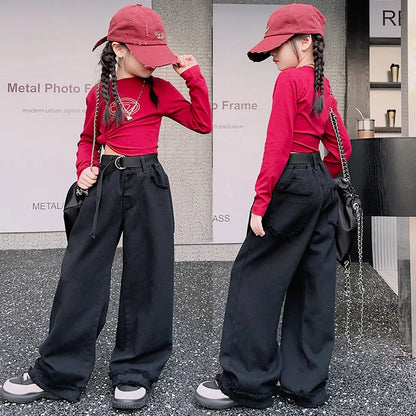 Girls Jeans Spring Autumn Loose Wide Leg Pants for Kids Casual All-match Teenage School Children Trousers 10 12 13 kids clothes