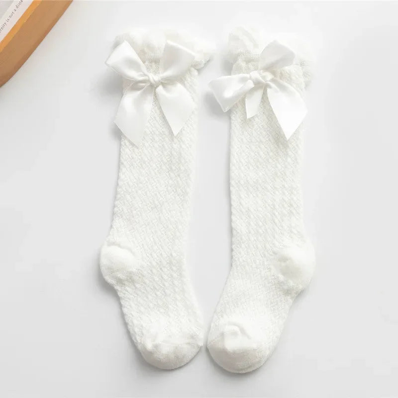 Cute Big Bowknot Newborn Baby Socks Outdoor Mosquito Proof Mesh Baby Girl Boys Socks Solid Color Infant Toddler Knee High Socks