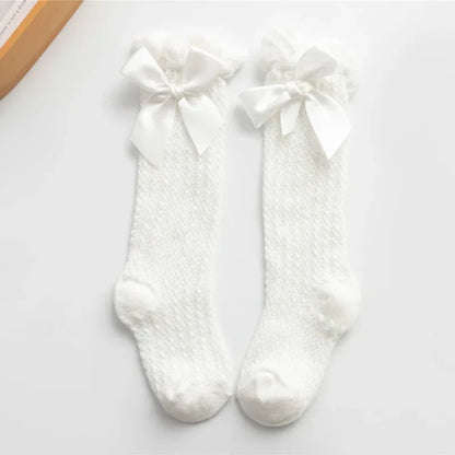 Cute Big Bowknot Newborn Baby Socks Outdoor Mosquito Proof Mesh Baby Girl Boys Socks Solid Color Infant Toddler Knee High Socks