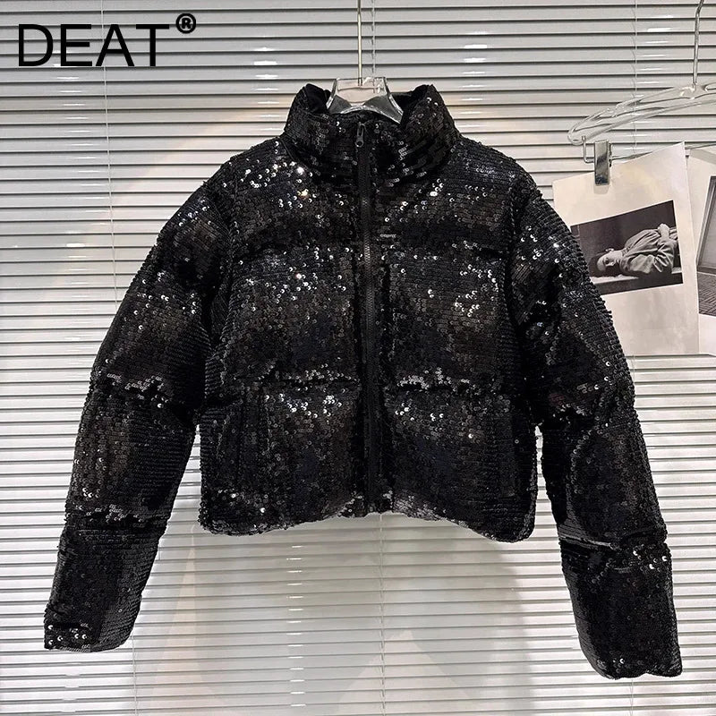 DEAT 2025 Winter New Trendy Shiny Sequin Fabric Stand Collar Warm Jacket For Women High Waist Cotton-padded Coat Female 11A07257