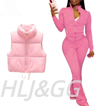 HLJ&GG Winter New Puffer Vest 3 Piece Sets Women Zipper Long Sleeve Top+Cotton Jacket+Legging Pants Outfits Casual Tracksuits BR