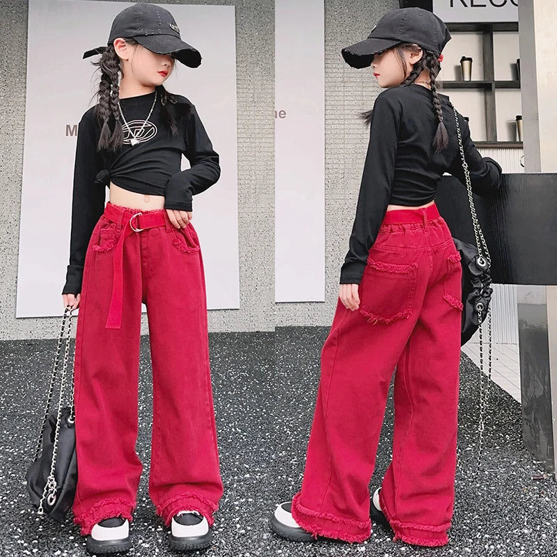 Girls Jeans Spring Autumn Loose Wide Leg Pants for Kids Casual All-match Teenage School Children Trousers 10 12 13 kids clothes