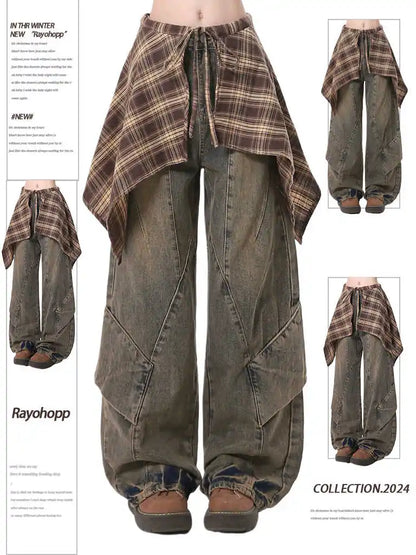 Women Blue Y2k Jeans with Skirt Harajuku Vintage Baggy Denim Trousers Japanese 2000s Style Oversize Jean Long Pants Clothes New
