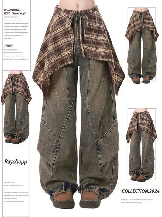 Women Blue Y2k Jeans with Skirt Harajuku Vintage Baggy Denim Trousers Japanese 2000s Style Oversize Jean Long Pants Clothes New