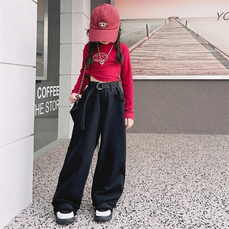 Girls Jeans Spring Autumn Loose Wide Leg Pants for Kids Casual All-match Teenage School Children Trousers 10 12 13 kids clothes