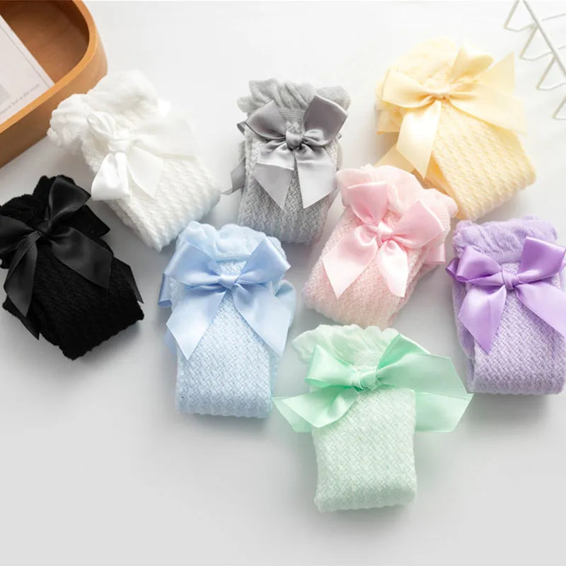 Cute Big Bowknot Newborn Baby Socks Outdoor Mosquito Proof Mesh Baby Girl Boys Socks Solid Color Infant Toddler Knee High Socks