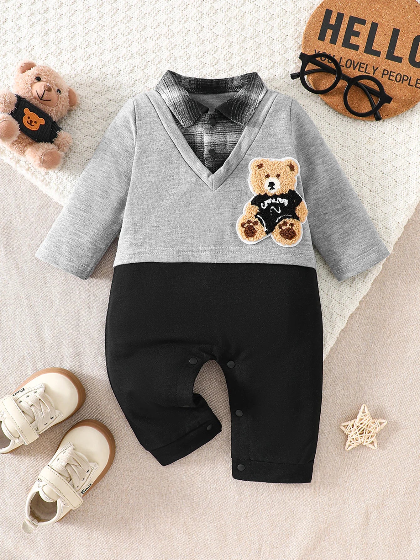 IURNXB Infant Cartoon Bear Romper Long Sleeve Baby Boy Gentleman Plaid Jumpsuit Onesie Newborn Color Block Outfit 1-18M
