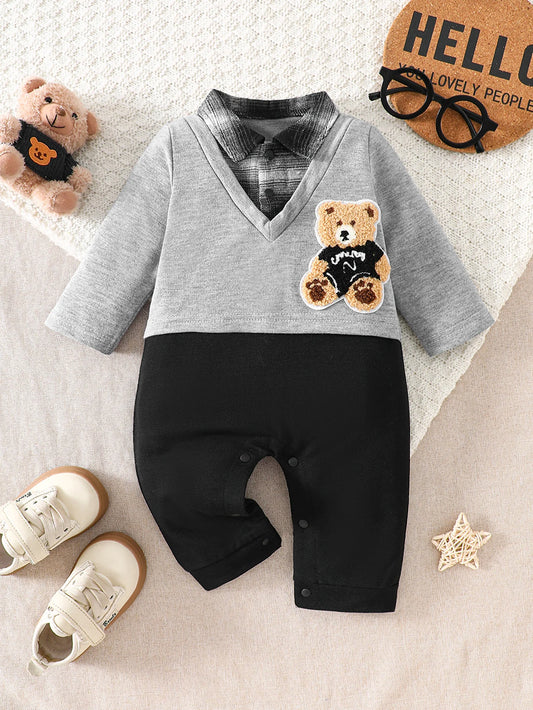 IURNXB Infant Cartoon Bear Romper Long Sleeve Baby Boy Gentleman Plaid Jumpsuit Onesie Newborn Color Block Outfit 1-18M